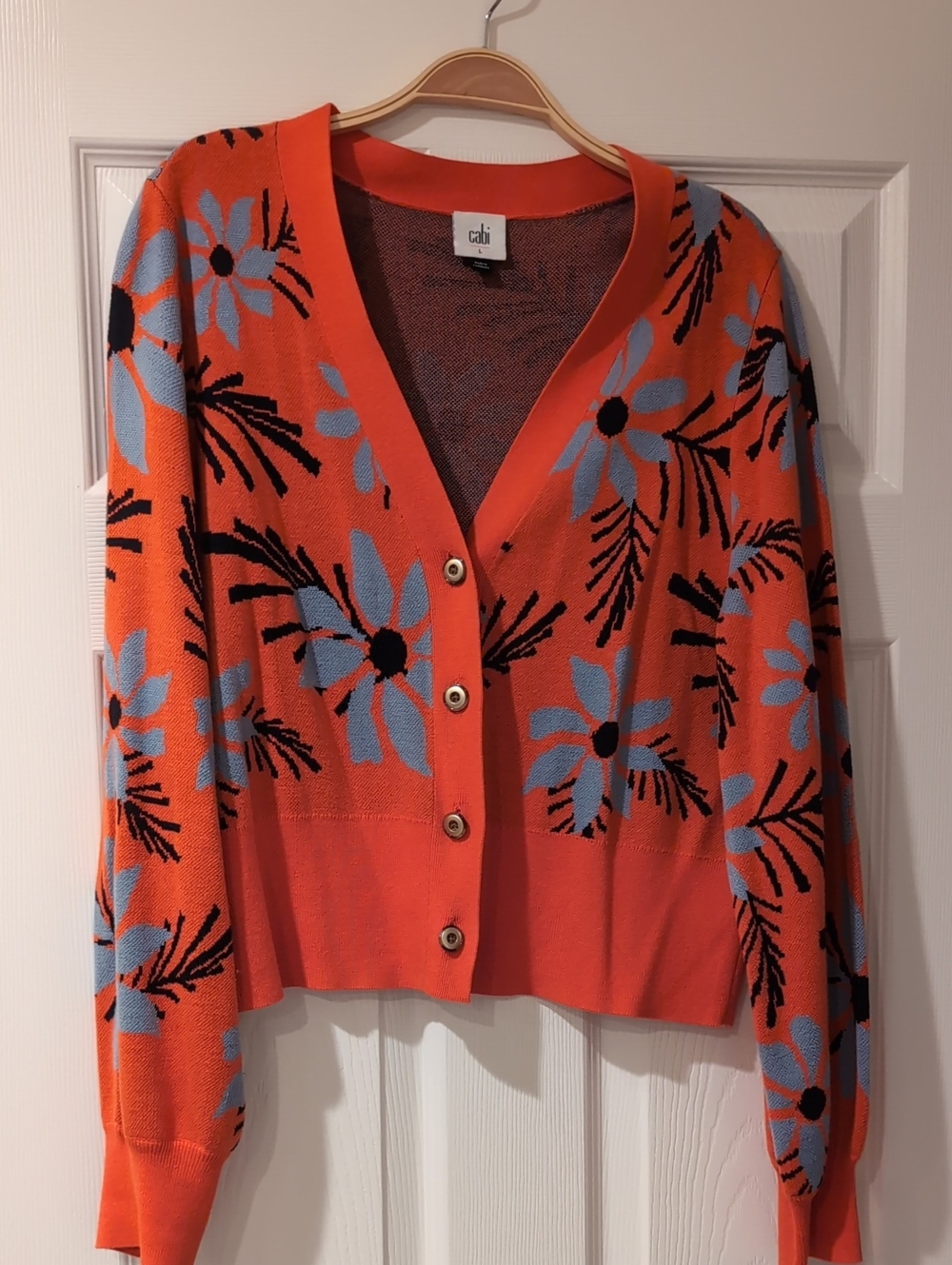 CAbi Orange Floral Button V-Neck Cardigan with Blue and Black Accents